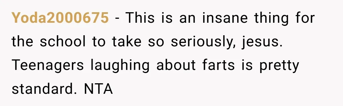 Yoda2000675 − This is an insane thing for the school to take so seriously, jesus. Teenagers laughing about farts is pretty standard. NTA