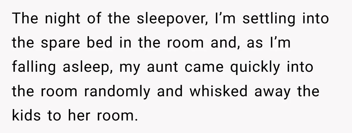 The night of the sleepover, I’m settling into the spare bed in the room and, as I’m falling asleep, my aunt came quickly into the room randomly and whisked away...