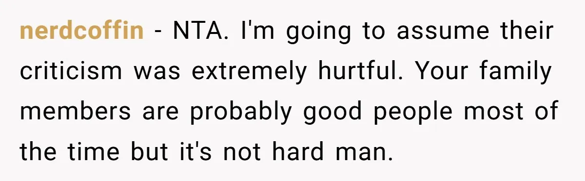 nerdcoffin − NTA. I'm going to assume their criticism was extremely hurtful. Your family members are probably good people most of the time but it's not hard man.