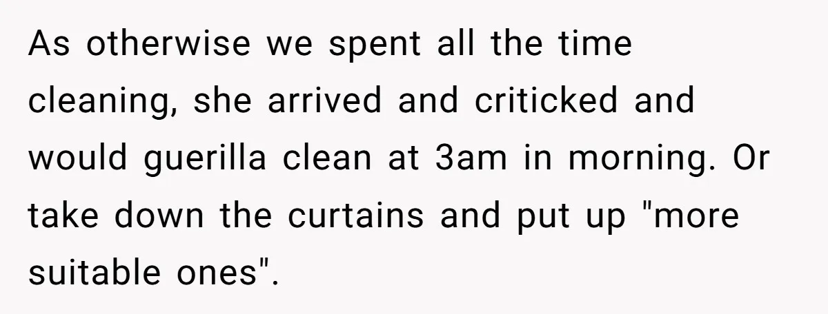 As otherwise we spent all the time cleaning, she arrived and criticked and would guerilla clean at 3am in morning. Or take down the curtains and put up "more suitable...