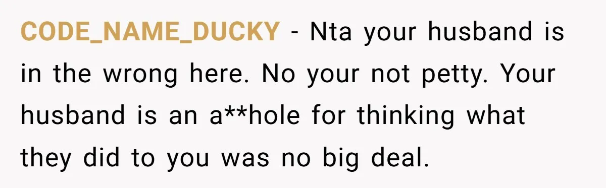 CODE_NAME_DUCKY − Nta your husband is in the wrong here. No your not petty. Your husband is an a**hole for thinking what they did to you was no big deal.