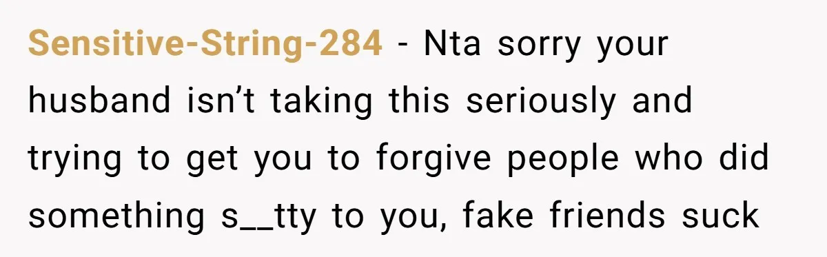 Sensitive-String-284 − Nta sorry your husband isn’t taking this seriously and trying to get you to forgive people who did something s__tty to you, fake friends suck