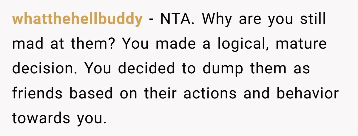whatthehellbuddy − NTA. Why are you still mad at them? You made a logical, mature decision. You decided to dump them as friends based on their actions and behavior towards...