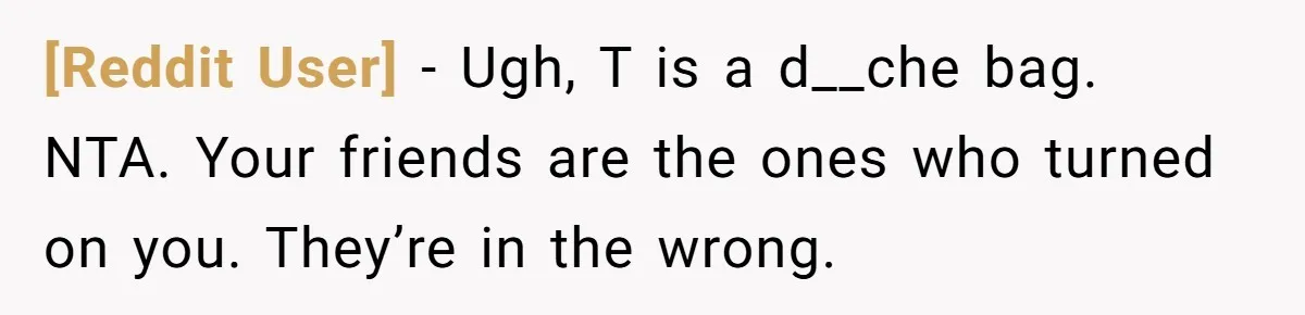 [Reddit User] − Ugh, T is a d__che bag. NTA. Your friends are the ones who turned on you. They’re in the wrong.