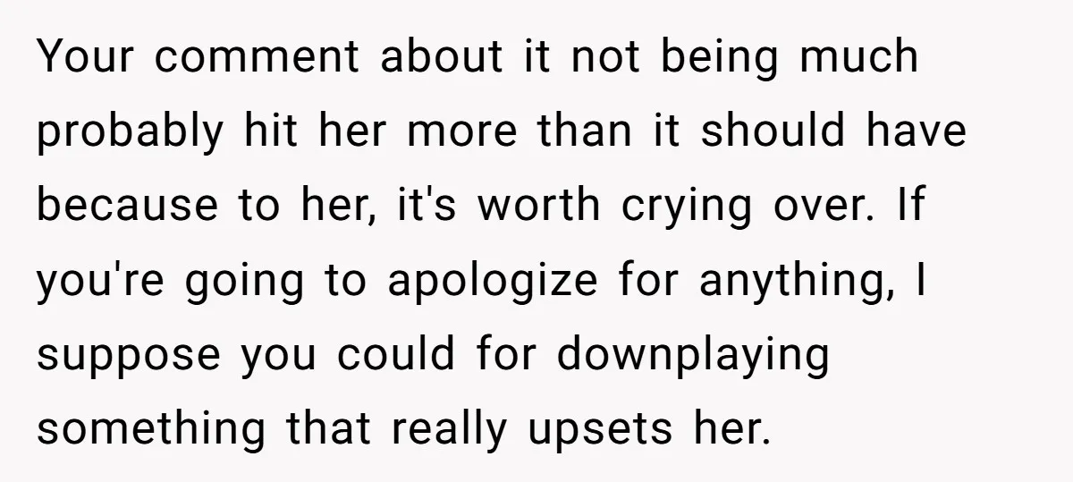Your comment about it not being much probably hit her more than it should have because to her, it's worth crying over. If you're going to apologize for anything, I...