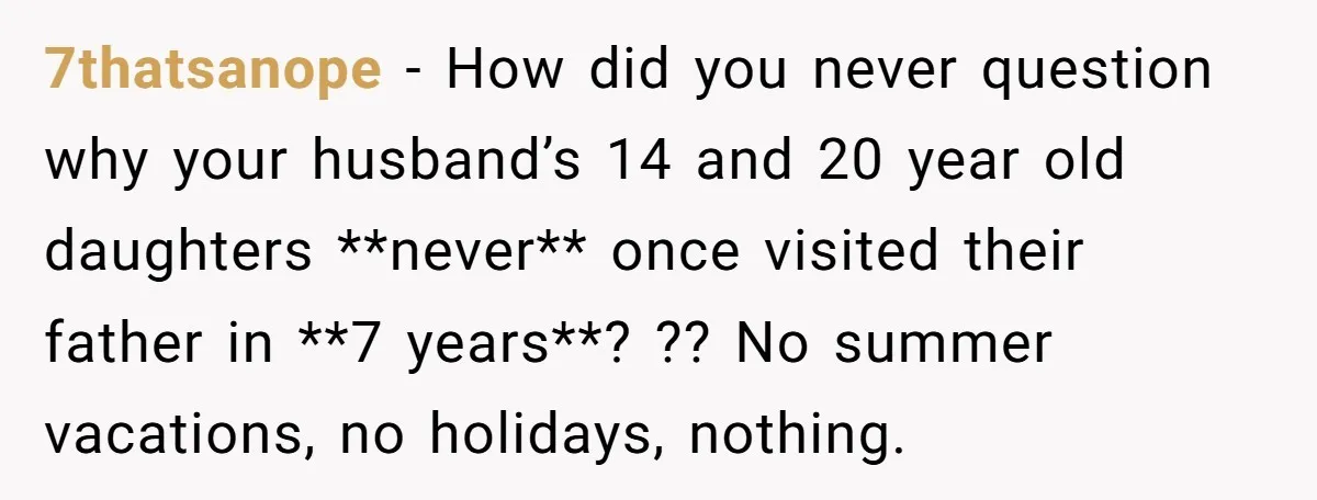 7thatsanope − How did you never question why your husband’s 14 and 20 year old daughters **never** once visited their father in **7 years**? ?? No summer vacations, no holidays,...