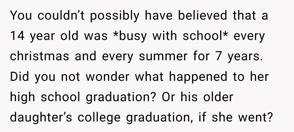 You couldn’t possibly have believed that a 14 year old was *busy with school* every christmas and every summer for 7 years. Did you not wonder what happened to her...