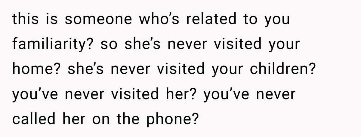 this is someone who’s related to you familiarity? so she’s never visited your home? she’s never visited your children? you’ve never visited her? you’ve never called her on the phone?