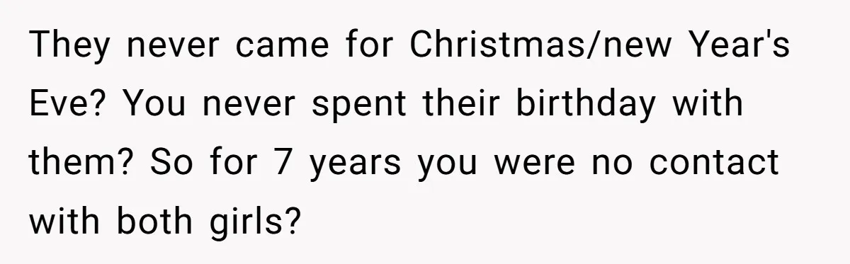 They never came for Christmas/new Year's Eve? You never spent their birthday with them? So for 7 years you were no contact with both girls?