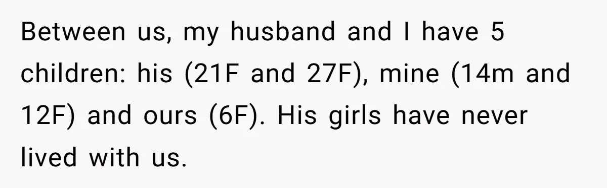 Between us, my husband and I have 5 children: his (21F and 27F), mine (14m and 12F) and ours (6F). His girls have never lived with us.