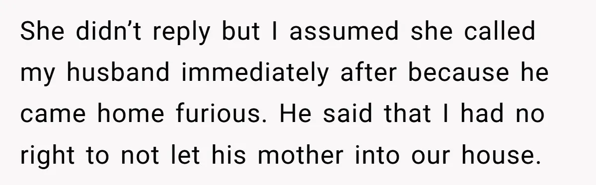 She didn’t reply but I assumed she called my husband immediately after because he came home furious. He said that I had no right to not let his mother into...