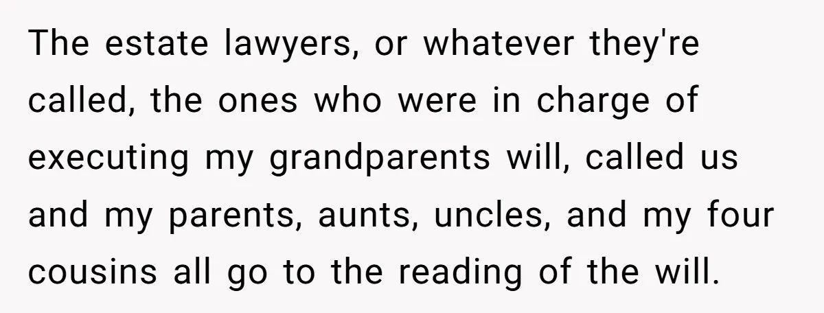 The estate lawyers, or whatever they're called, the ones who were in charge of executing my grandparents will, called us and my parents, aunts, uncles, and my four cousins all...