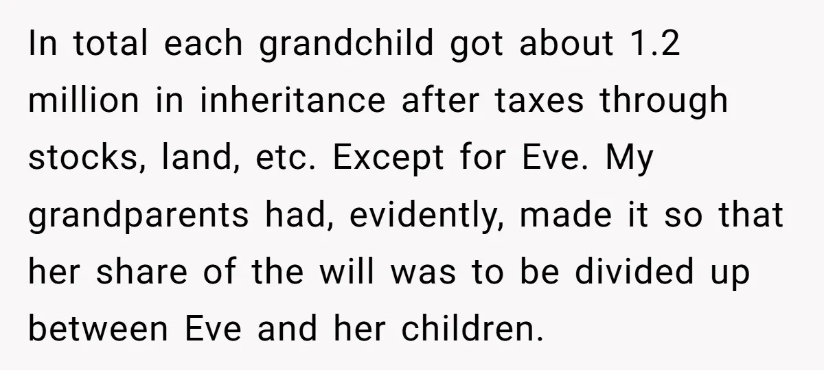 In total each grandchild got about 1.2 million in inheritance after taxes through stocks, land, etc. Except for Eve. My grandparents had, evidently, made it so that her share of...