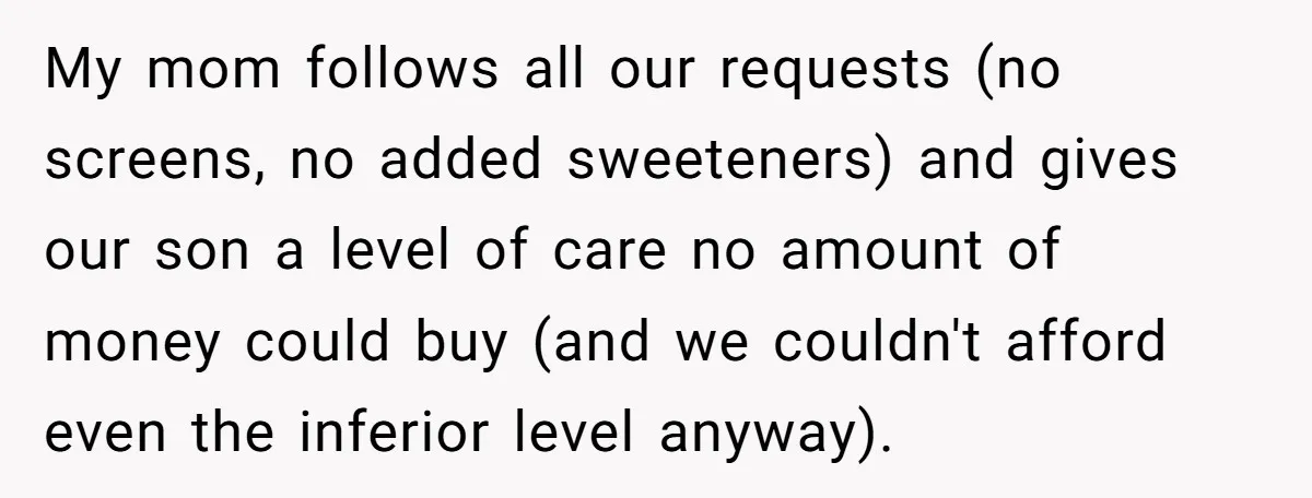 My mom follows all our requests (no screens, no added sweeteners) and gives our son a level of care no amount of money could buy (and we couldn't afford even...