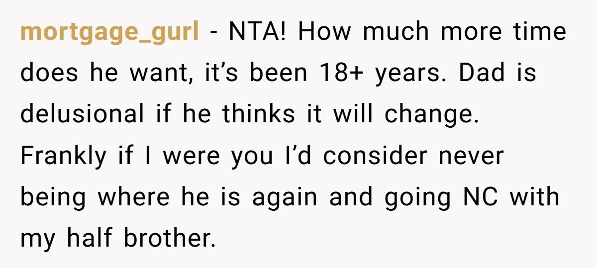 mortgage_gurl − NTA! How much more time does he want, it’s been 18+ years. Dad is delusional if he thinks it will change. Frankly if I were you I’d consider...