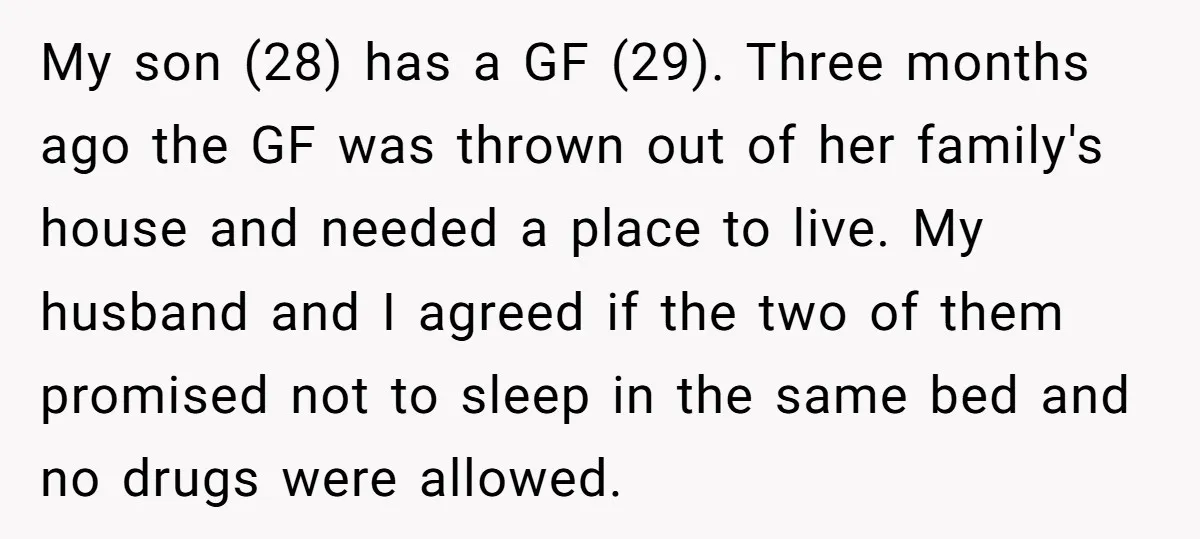 My son (28) has a GF (29). Three months ago the GF was thrown out of her family's house and needed a place to live. My husband and I agreed...
