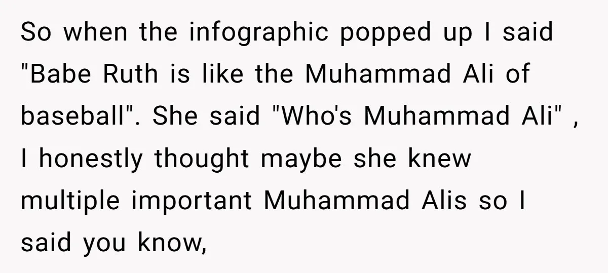 So when the infographic popped up I said "Babe Ruth is like the Muhammad Ali of baseball". She said "Who's Muhammad Ali" , I honestly thought maybe she knew multiple...