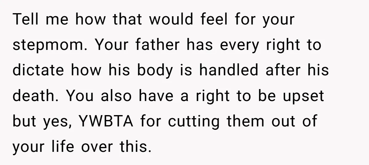 Tell me how that would feel for your stepmom. Your father has every right to dictate how his body is handled after his death. You also have a right to...