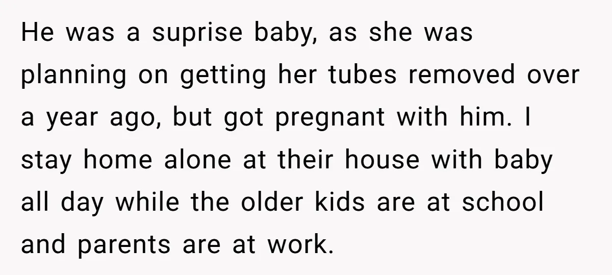 He was a suprise baby, as she was planning on getting her tubes removed over a year ago, but got pregnant with him. I stay home alone at their house...