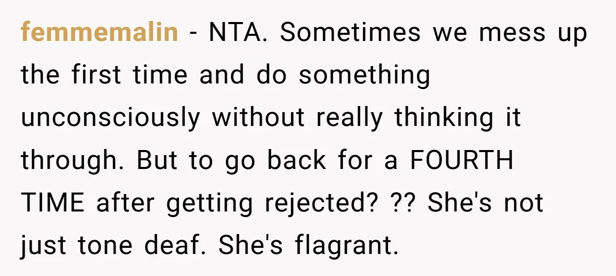 femmemalin − NTA. Sometimes we mess up the first time and do something unconsciously without really thinking it through. But to go back for a FOURTH TIME after getting rejected?...
