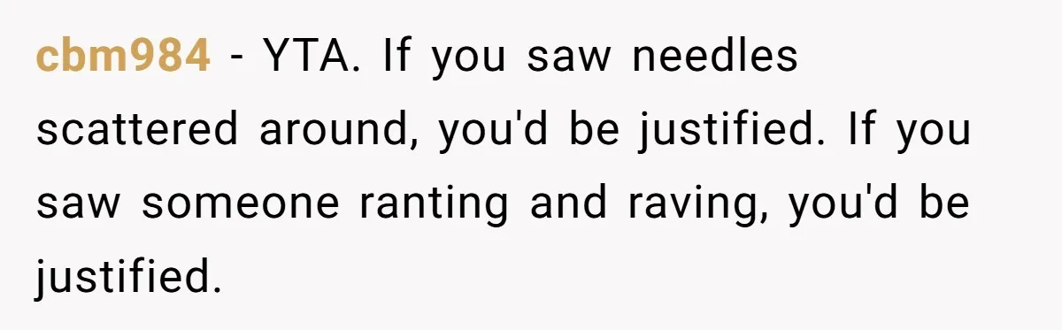 cbm984 − YTA. If you saw needles scattered around, you'd be justified. If you saw someone ranting and raving, you'd be justified.