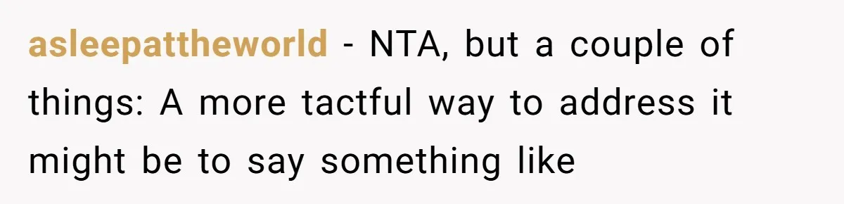 asleepattheworld − NTA, but a couple of things: A more tactful way to address it might be to say something like