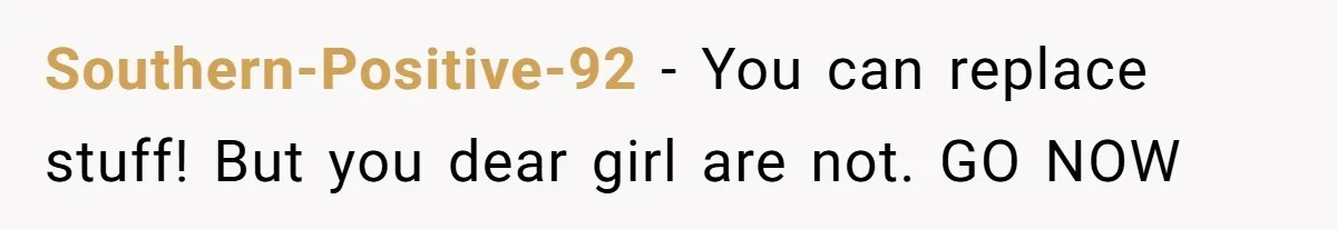 Southern-Positive-92 − You can replace stuff! But you dear girl are not. GO NOW