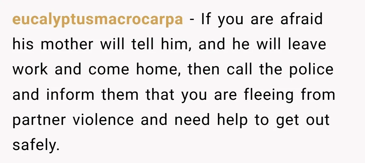 eucalyptusmacrocarpa − If you are afraid his mother will tell him, and he will leave work and come home, then call the police and inform them that you are fleeing...