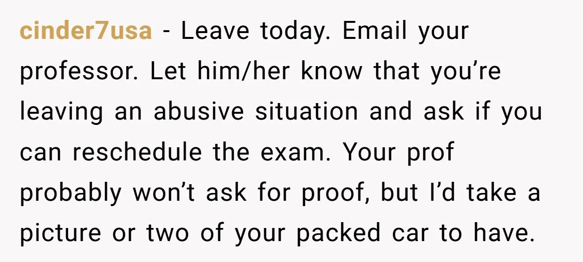 cinder7usa − Leave today. Email your professor. Let him/her know that you’re leaving an abusive situation and ask if you can reschedule the exam. Your prof probably won’t ask for...