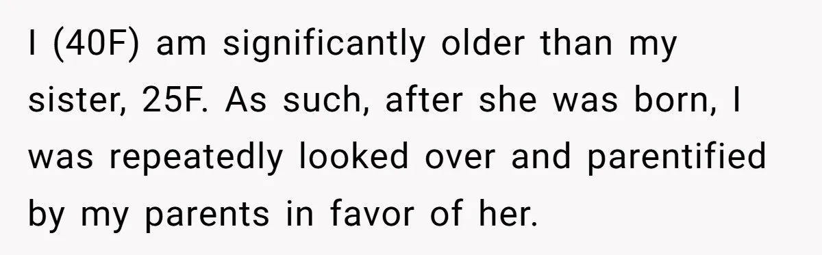 I (40F) am significantly older than my sister, 25F. As such, after she was born, I was repeatedly looked over and parentified by my parents in favor of her.