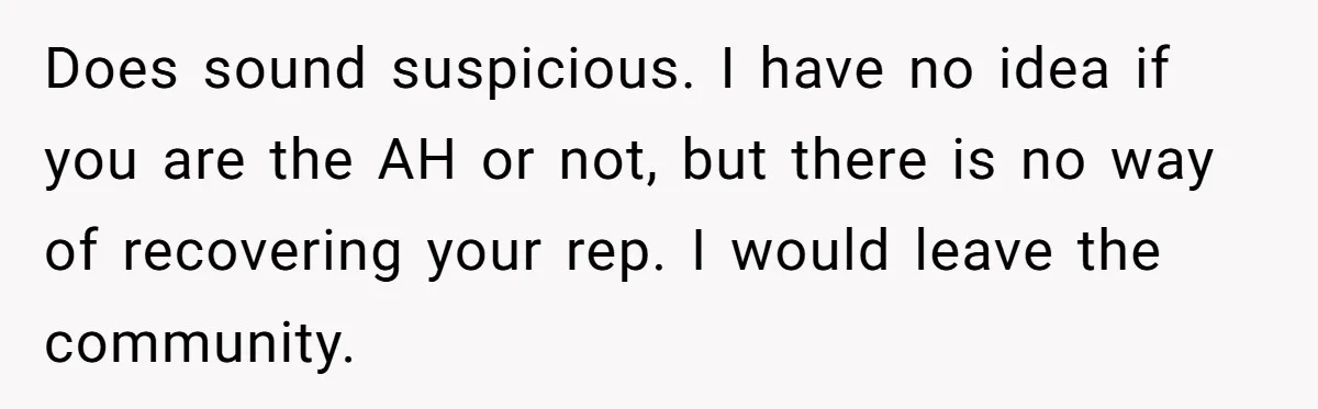 Does sound suspicious. I have no idea if you are the AH or not, but there is no way of recovering your rep. I would leave the community.