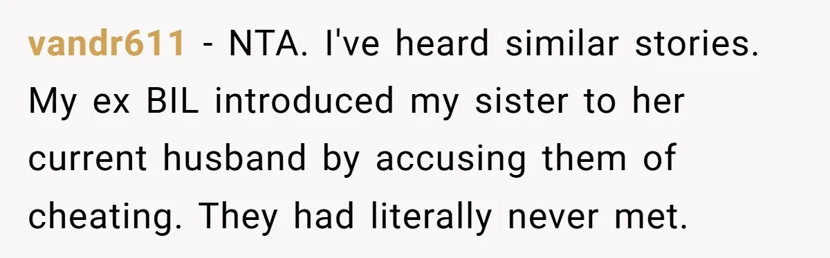 vandr611 − NTA. I've heard similar stories. My ex BIL introduced my sister to her current husband by accusing them of cheating. They had literally never met.