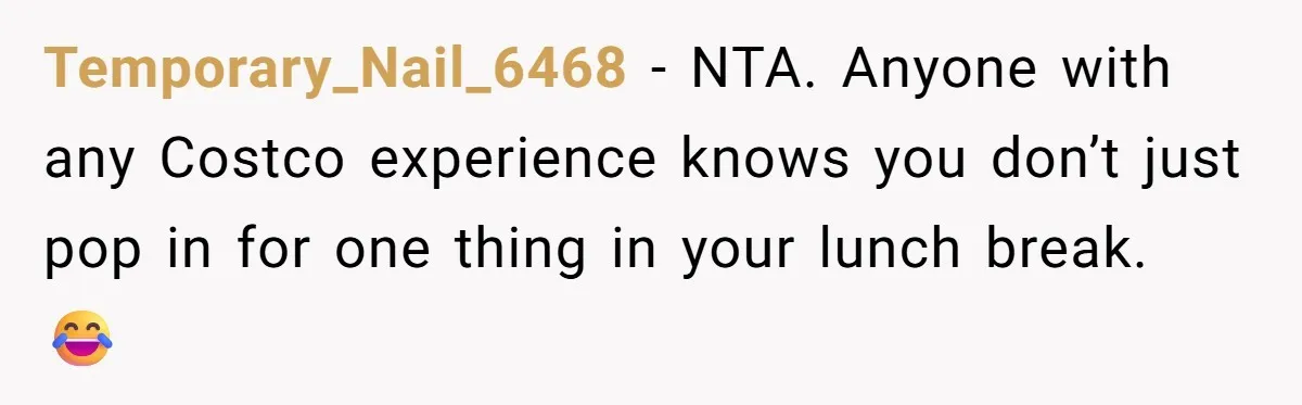 Temporary_Nail_6468 − NTA. Anyone with any Costco experience knows you don’t just pop in for one thing in your lunch break. 😂