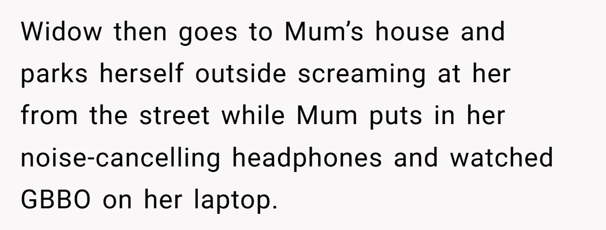 Widow then goes to Mum’s house and parks herself outside screaming at her from the street while Mum puts in her noise-cancelling headphones and watched GBBO on her laptop.
