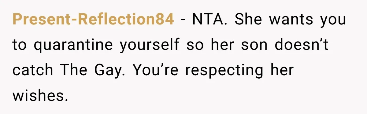 Present-Reflection84 − NTA. She wants you to quarantine yourself so her son doesn’t catch The Gay. You’re respecting her wishes.
