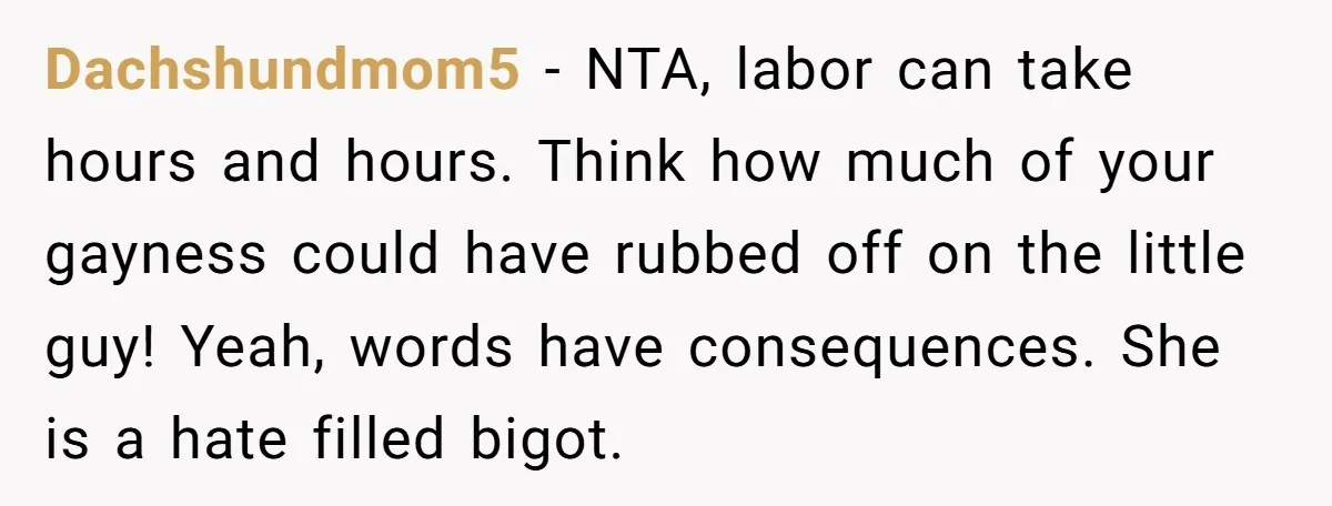 Dachshundmom5 − NTA, labor can take hours and hours. Think how much of your gayness could have rubbed off on the little guy! Yeah, words have consequences. She is a...