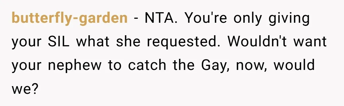 butterfly-garden − NTA. You're only giving your SIL what she requested. Wouldn't want your nephew to catch the Gay, now, would we?