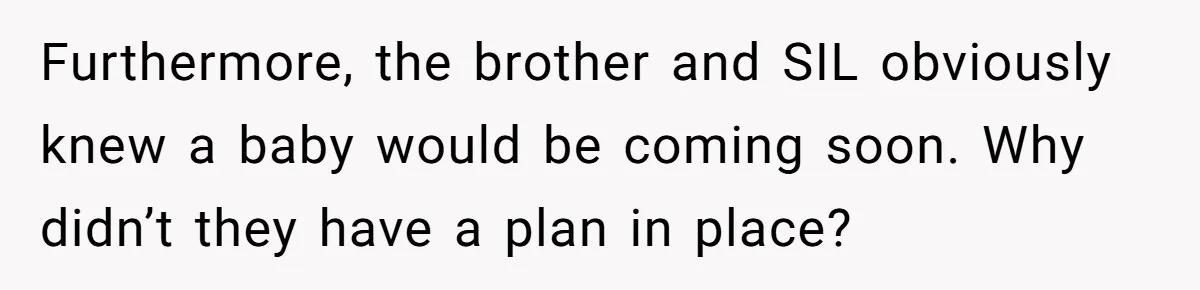 Furthermore, the brother and SIL obviously knew a baby would be coming soon. Why didn’t they have a plan in place?