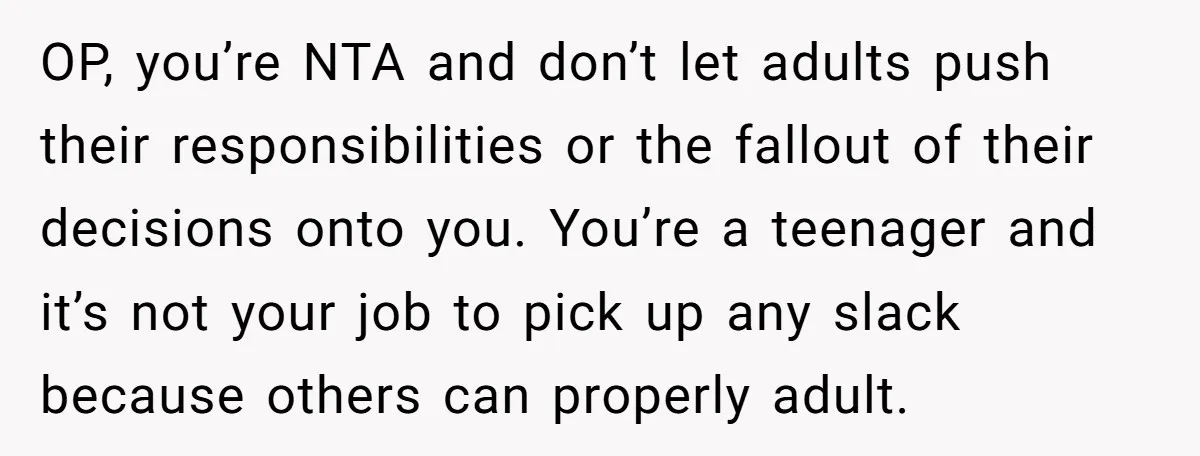 OP, you’re NTA and don’t let adults push their responsibilities or the fallout of their decisions onto you. You’re a teenager and it’s not your job to pick up any...