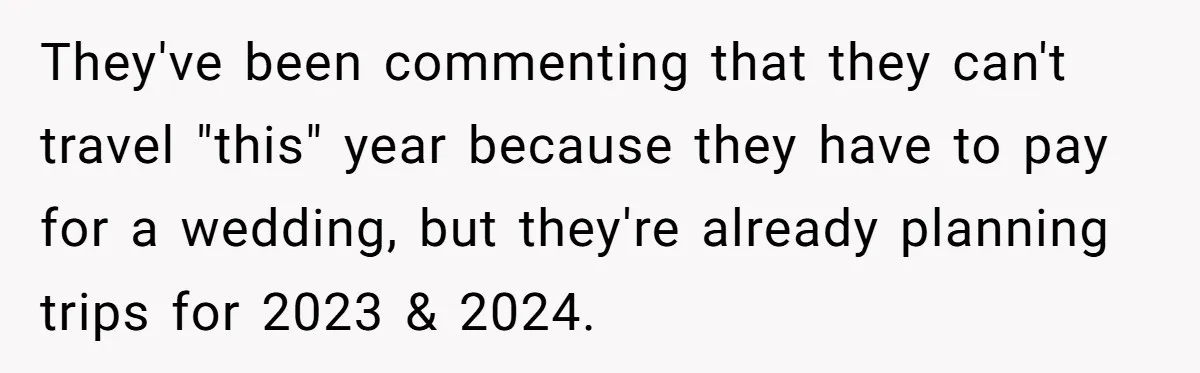 They've been commenting that they can't travel "this" year because they have to pay for a wedding, but they're already planning trips for 2023 & 2024.