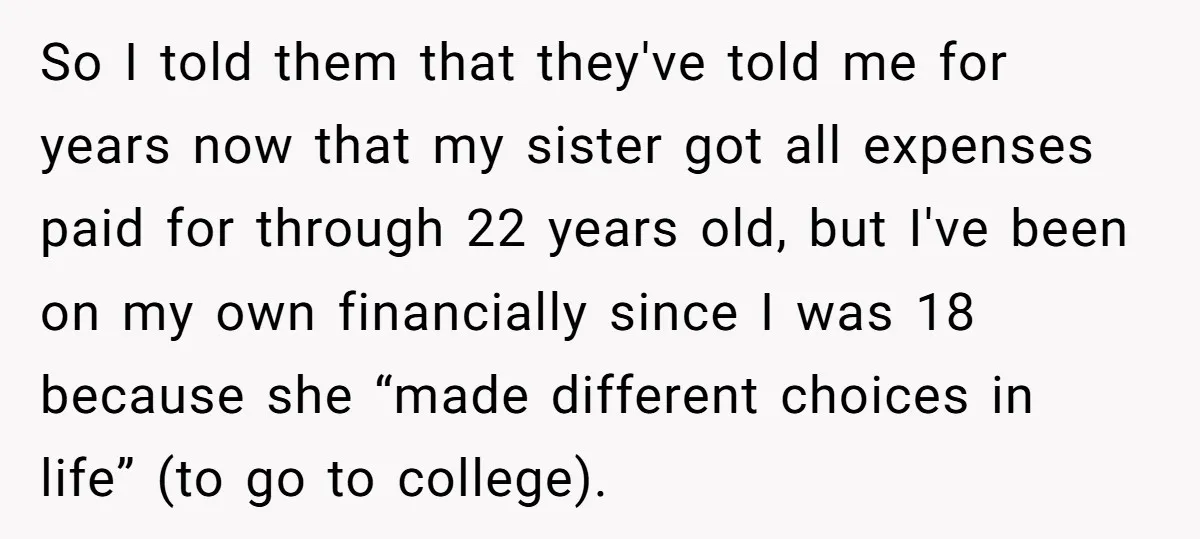 So I told them that they've told me for years now that my sister got all expenses paid for through 22 years old, but I've been on my own financially...