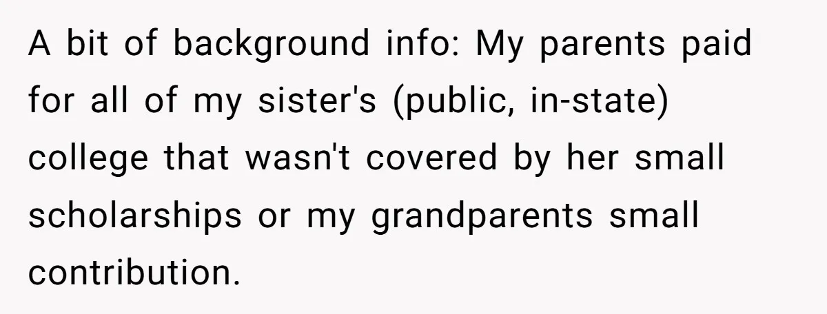 A bit of background info: My parents paid for all of my sister's (public, in-state) college that wasn't covered by her small scholarships or my grandparents small contribution.