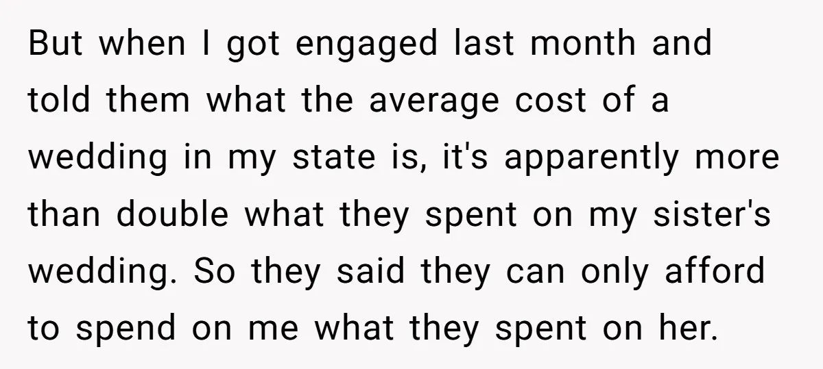But when I got engaged last month and told them what the average cost of a wedding in my state is, it's apparently more than double what they spent on...