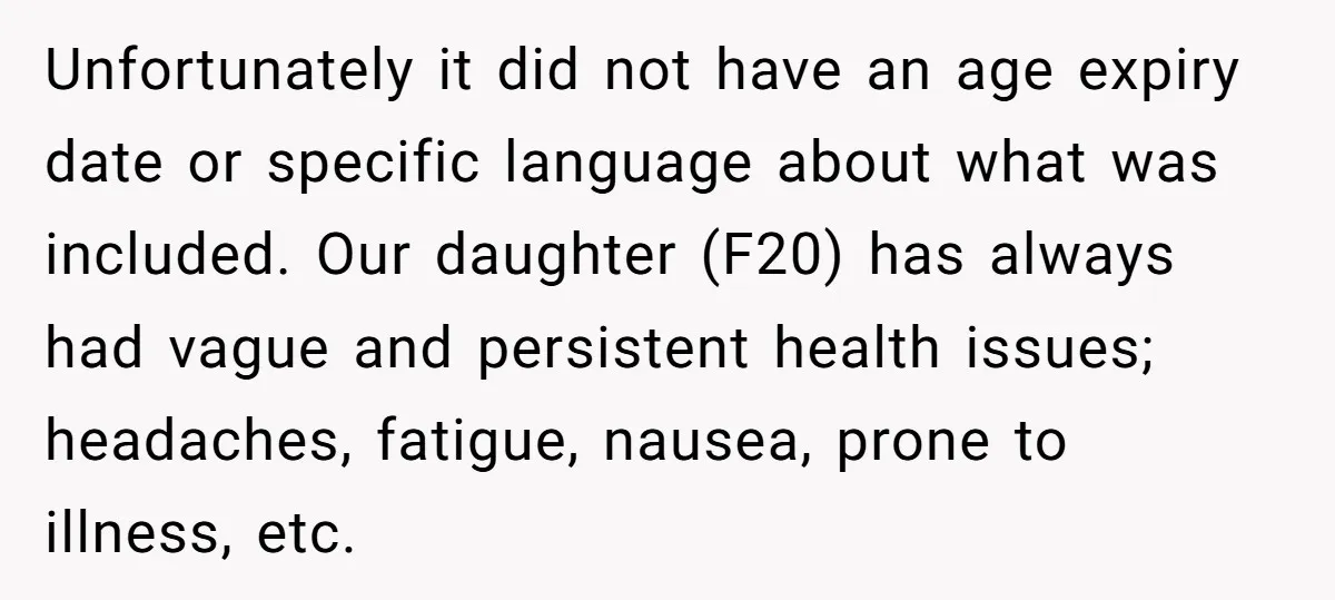 Unfortunately it did not have an age expiry date or specific language about what was included. Our daughter (F20) has always had vague and persistent health issues; headaches, fatigue, nausea,...
