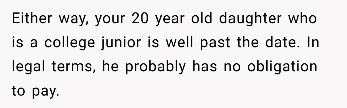 Either way, your 20 year old daughter who is a college junior is well past the date. In legal terms, he probably has no obligation to pay.