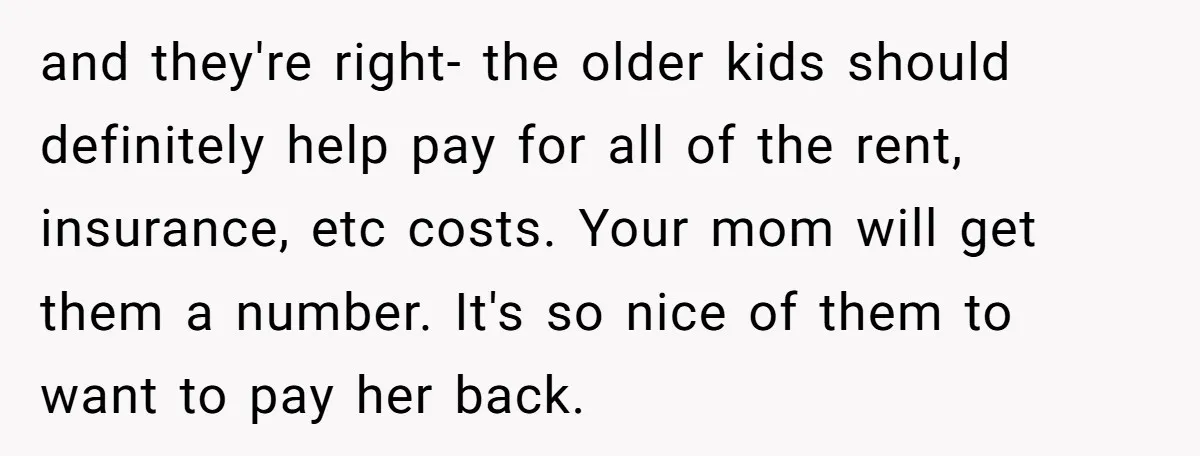 and they're right- the older kids should definitely help pay for all of the rent, insurance, etc costs. Your mom will get them a number. It's so nice of them...