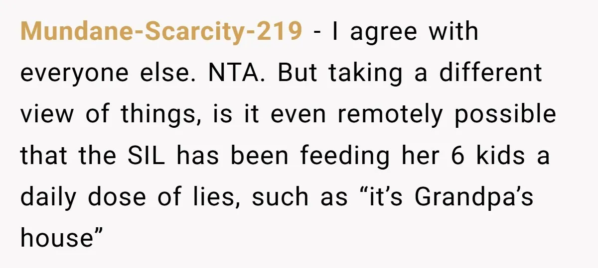 Mundane-Scarcity-219 − I agree with everyone else. NTA. But taking a different view of things, is it even remotely possible that the SIL has been feeding her 6 kids a...