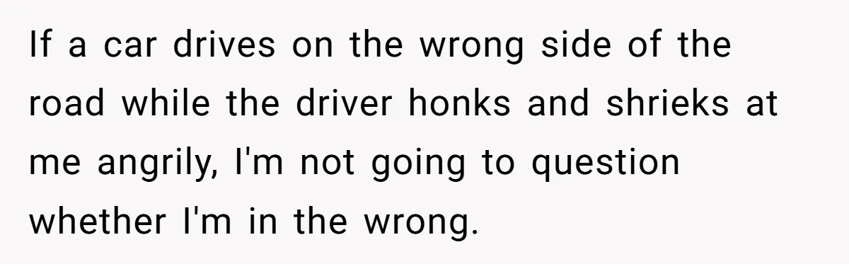 If a car drives on the wrong side of the road while the driver honks and shrieks at me angrily, I'm not going to question whether I'm in the wrong.