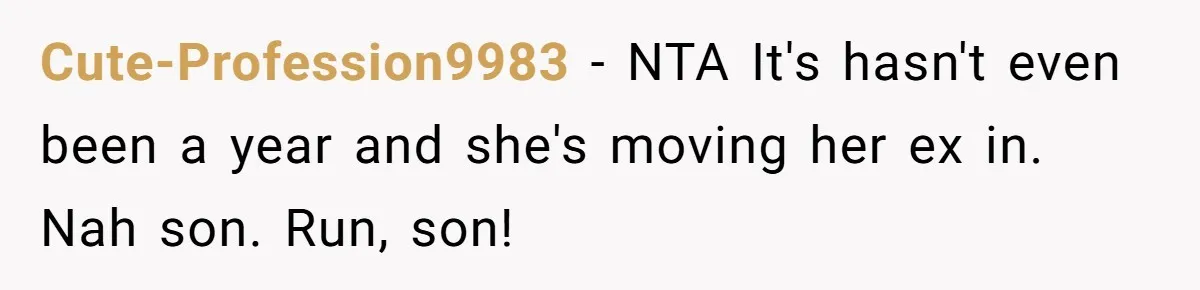 Cute-Profession9983 − NTA It's hasn't even been a year and she's moving her ex in. Nah son. Run, son!