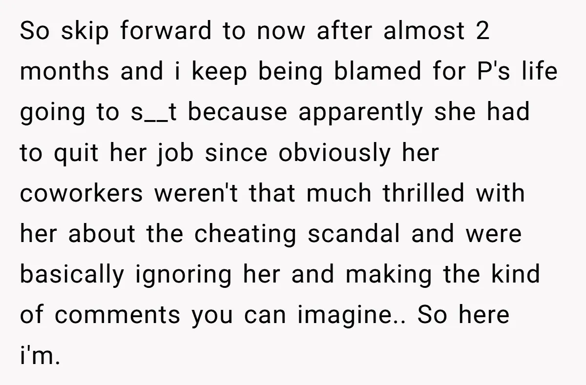So skip forward to now after almost 2 months and i keep being blamed for P's life going to s__t because apparently she had to quit her job since obviously...